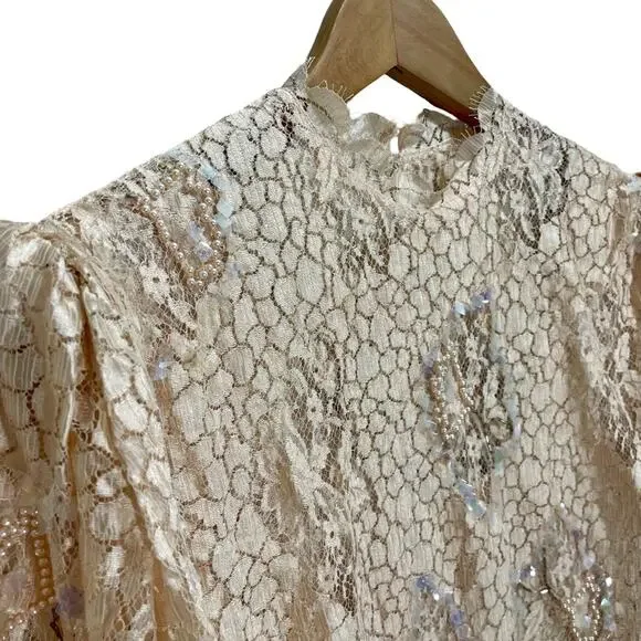 Vintage 1990s Rina di’Montella Silk Lace Overlay Beaded Dress Size 8 Nude Pink - Picture 7 of 16